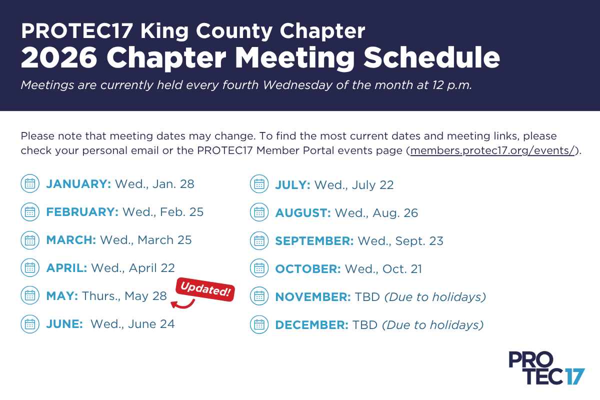 Title text reads, "PROTEC17 King County Chapter | 2026 Chapter Meeting Schedule," followed by the subheading, "Meetings are currently held every fourth Wednesday of the month at 12 p.m." Below, the body text reads, "Please note that meeting dates may change. To find the most current dates and meeting links, please check your personal email or the PROTEC17 Member Portal events page (members.protec17.org/events/) | JANUARY: Wed., Jan. 28 | FEBRUARY: Wed., Feb. 25 | MARCH: Wed., March 25 | APRIL: Wed., April 22 | MAY: Thurs., May 28." There is a red textbox that reads, "Updated!" that points to the May date. The rest of the regular text continues, "JUNE: Wed., June 24 | JULY: Wed., July 22 | AUGUST: Wed., Aug. 26 | SEPTEMBER: Wed., Sept. 23 | OCTOBER: Wed., Oct. 21 | NOVEMBER: TBD (Due to holidays) | DECEMBER: TBD (Due to holidays)." The PROTEC17 logo is in the bottom right.