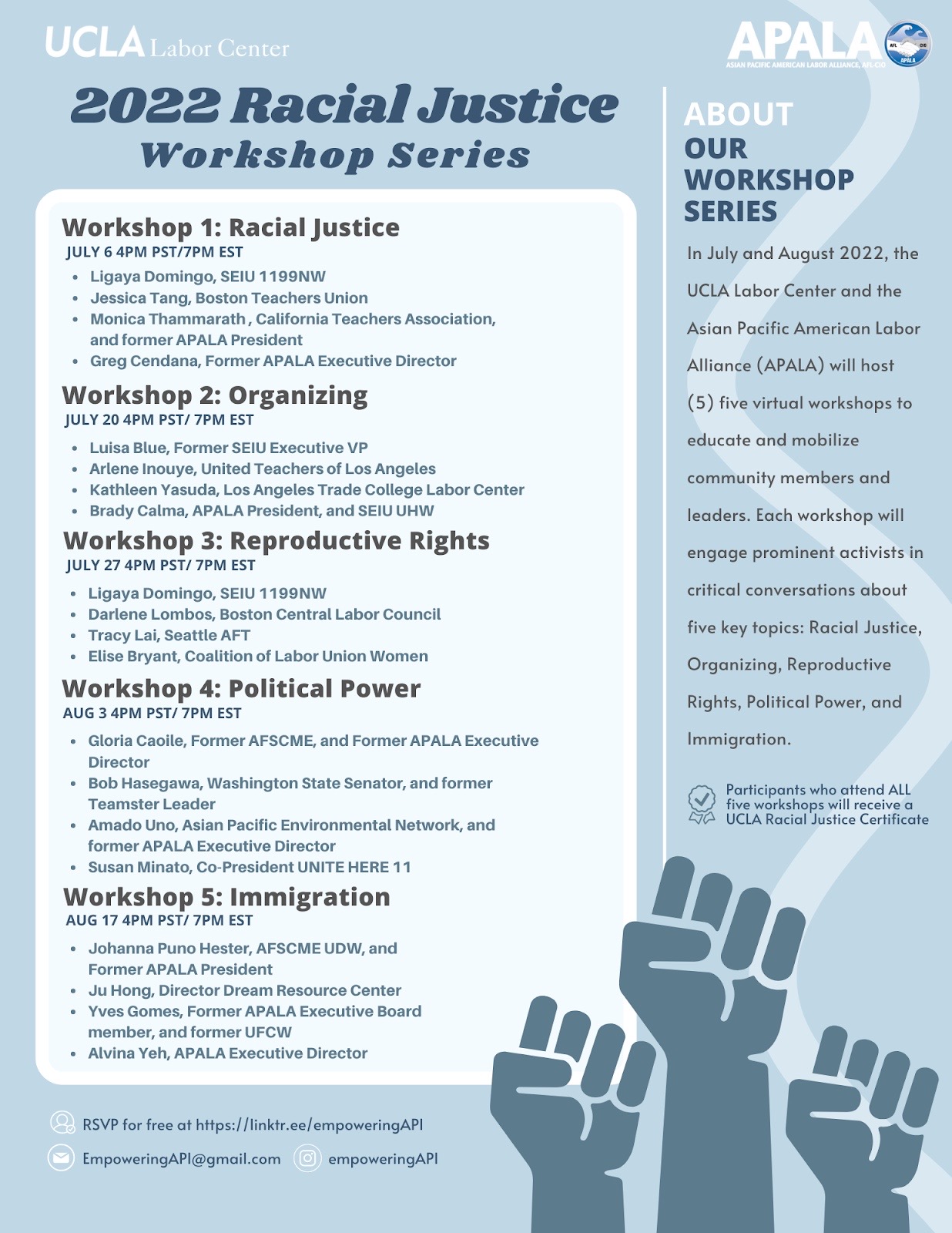 Light and dark blue image highlighting the different workshops in UCLA and APALA's 2022 Racial Justice Workshop Series.