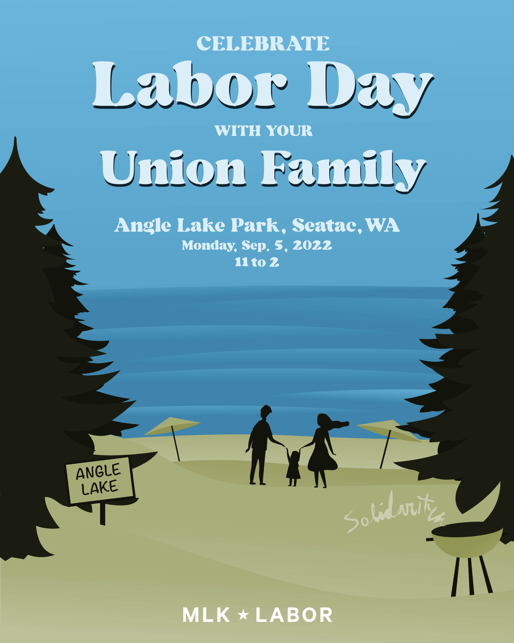 Illustration of the beach between two trees. People are pictured enjoying the water and scene. There is a sign that says "Angle Lake" and the text over the image reads, "Celebrate Labor Day with your Union Family at Angle Lake Park in SeaTac, WA on Mon., Sep. 5 2022 from 11 a.m. - 2 p.m.