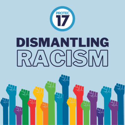 This is a graphic of many raised fists in a rainbow of colors in front of a light blue background with the PROTEC17 logo and the words 'Dismantling Racism'