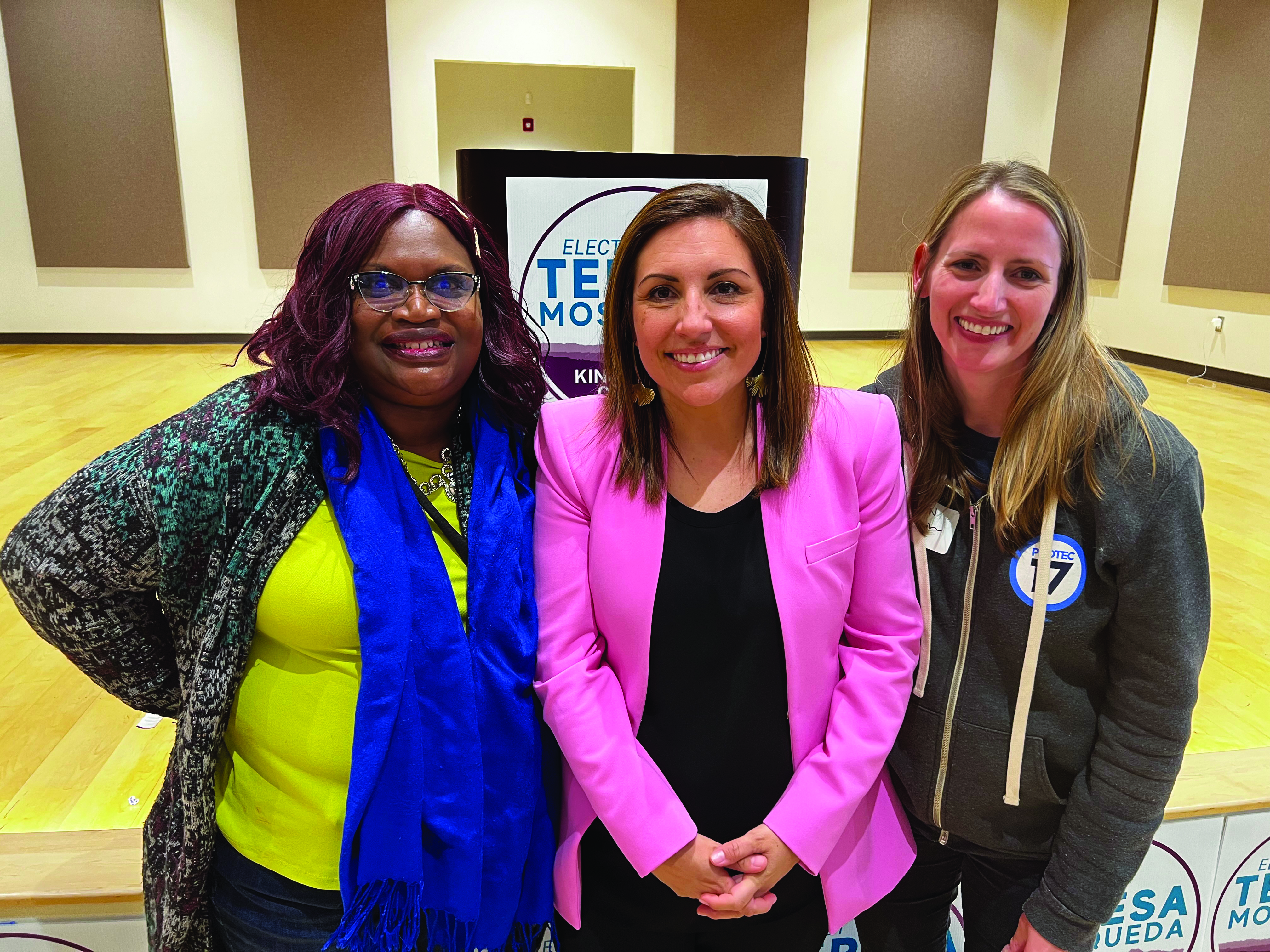 Picture of PROTEC17 Executive Board member Jennell Hicks with Councilmember Teresa Mosqueda and PROTEC17 Executive Director Karen Estevenin. They are smiling brightly together.