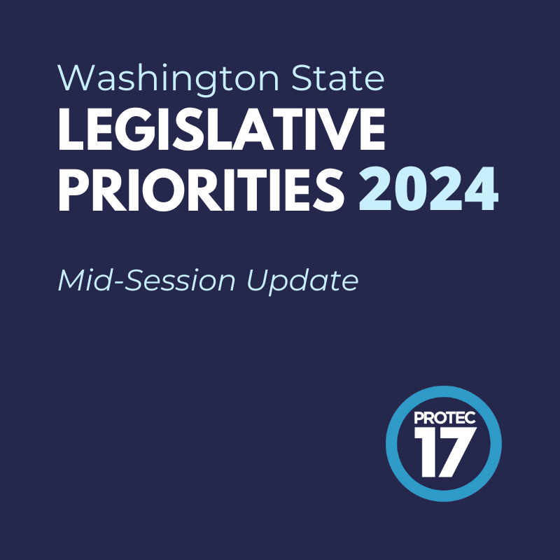 On a dark blue background the text reads, "Washington State LEGISLATIVE PRIORITIES 2024 | Mid-Session Update." The PROTEC17 logo is in the bottom right.