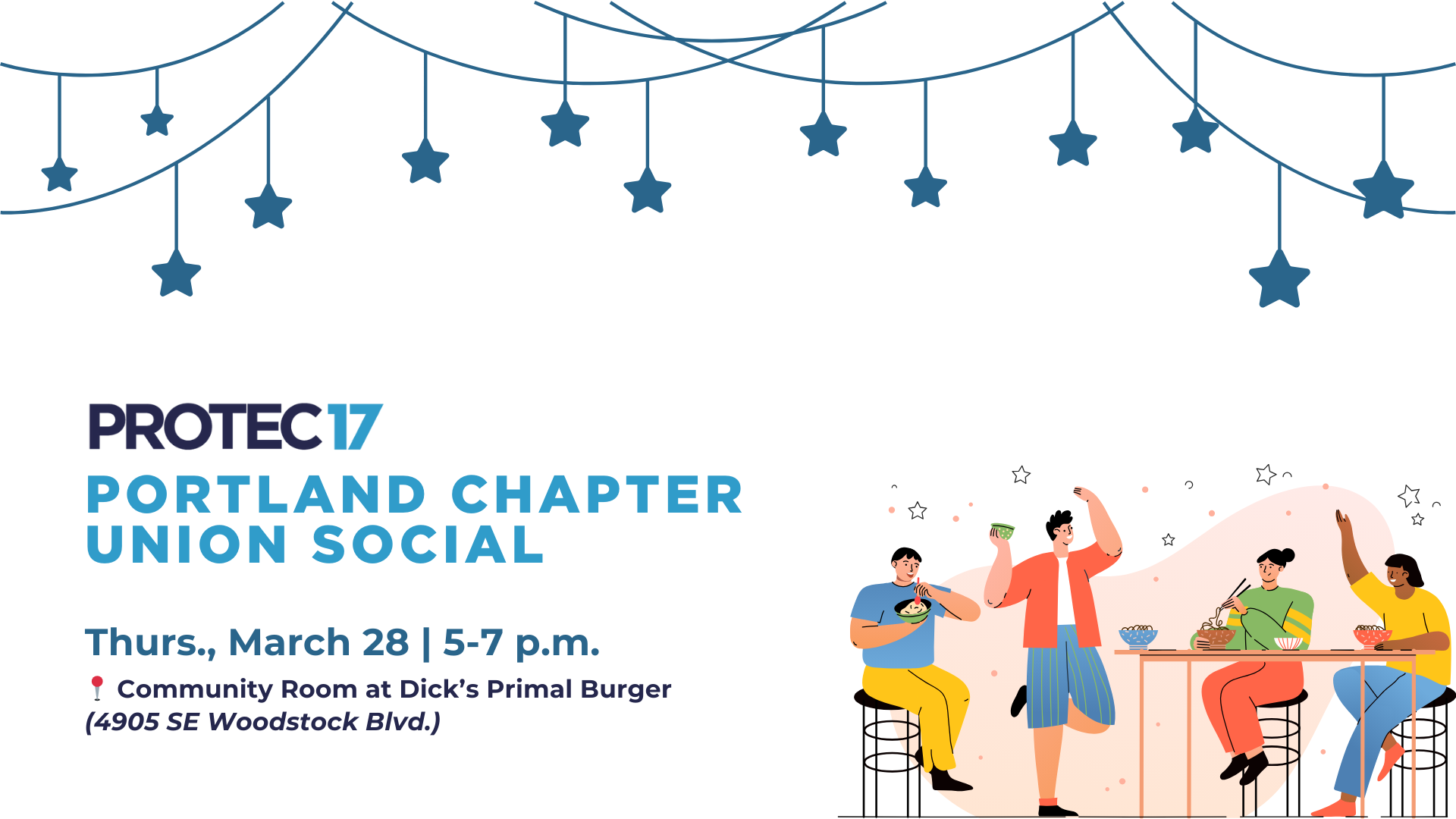 There are star string lights at the top of the image. In the bottom left the PROTEC17 logo is right above the text, "Portland Chapter Union Social | Thurs., March 28 | 5-7 p.m." There is a pushpin to indicate the event location which reads as, "Community Room at Dick's Primal Burger ((4905 SE Woodstock Blvd.) There is a colorful illustration of folks eating, drinking, and hangout out around a table, sharing a meal.