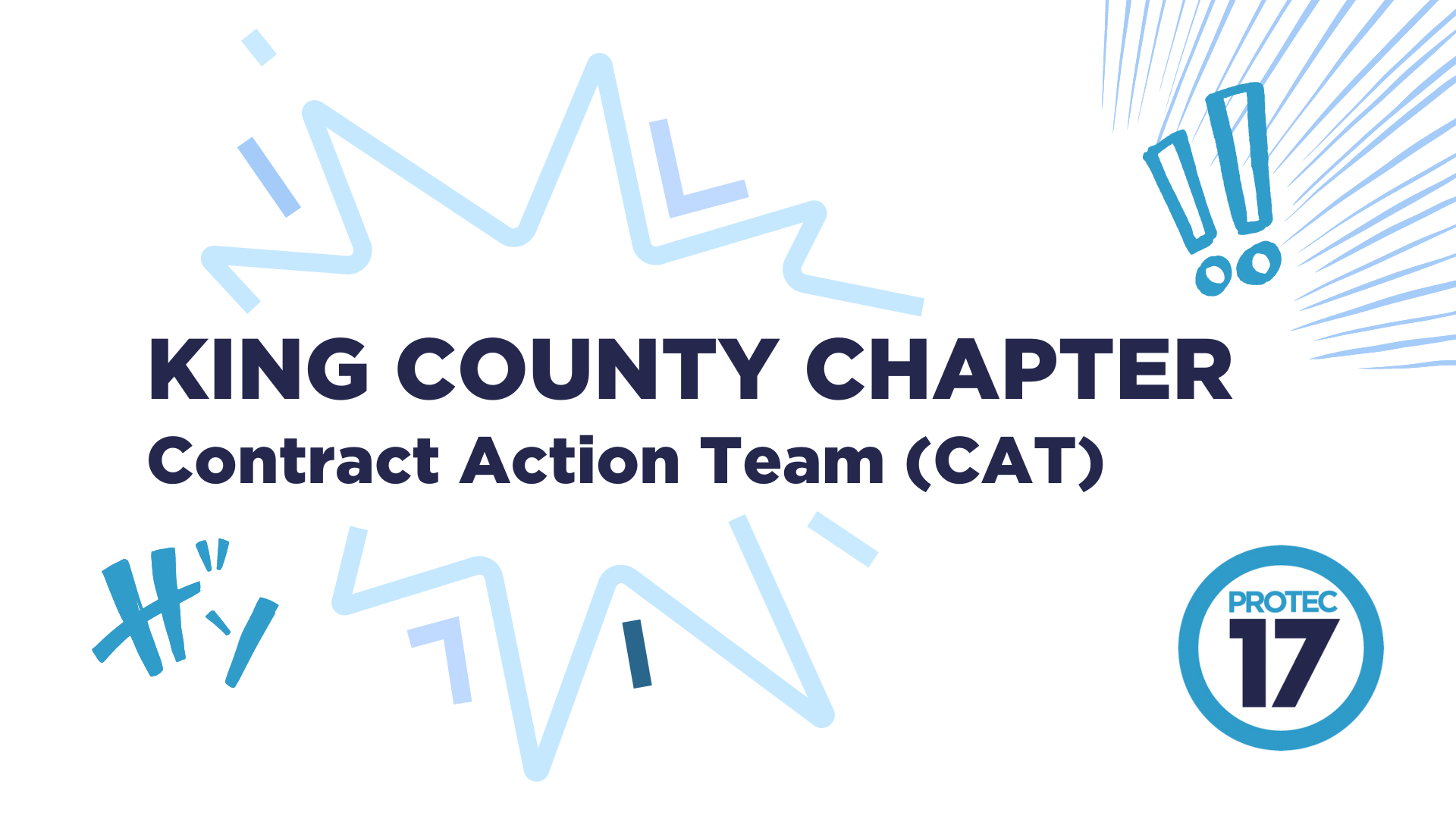 The text reads, "KING COUNTY CHAPTER | Contract Action Team (CAT)" surrounding by various cartoon-like superhero-inspired graphics. There is an explosion in the back, fighting symbols in the bottom right, and exclamation marks in the top right, all graphic novel style. The PROTEC17 logo is in the bottom right.