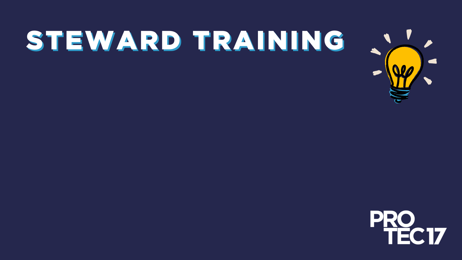 On a dark blue background, white text with a blue shadow reads, "STEWARD TRAINING." There is a graphic of a light bulb to the right, with emphasis lines to show that light is emitting from the bulb. The PROTEC17 logo is in the bottom right.