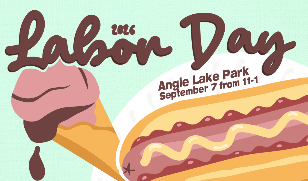 Text reads, "2026 Labor Day | Angle Lake Park | September 7 from 11-1." There are graphics of an ice cream cone and a hot dog.